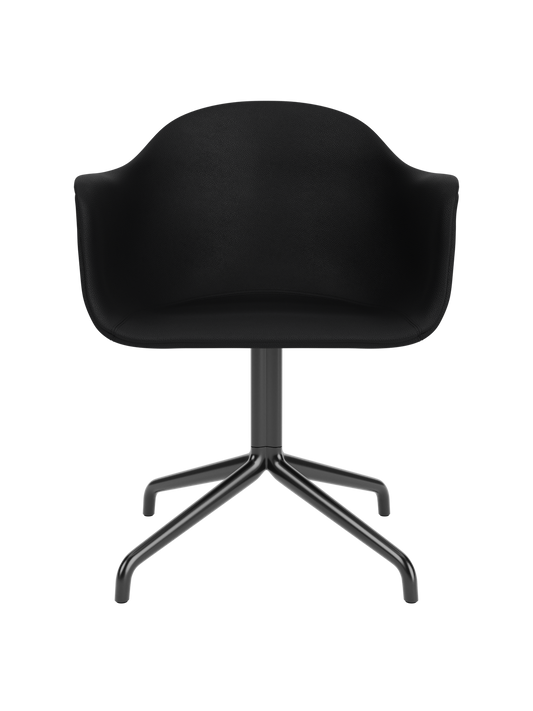 Harbour Dining Chair with a black star swivel base and black Sierra leather upholstery on a white background.