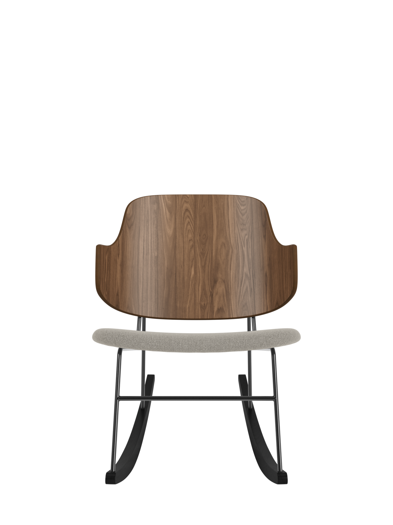 The Penguin Rocking Chair with a curved walnut back and grey Re-wool 218 upholstered seat on a black steel frame.