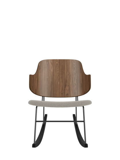 The Penguin Rocking Chair with a curved walnut back and grey Re-wool 218 upholstered seat on a black steel frame.