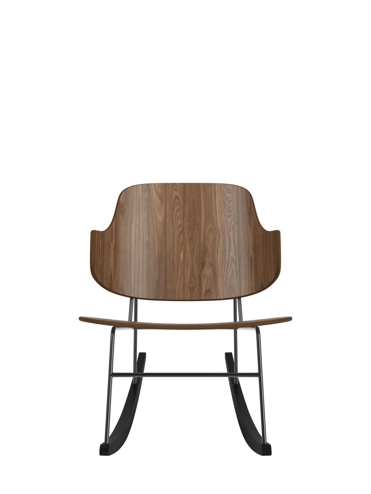 The Penguin Rocking Chair in walnut veneer with a black steel frame, featuring its signature sculptural silhouette.