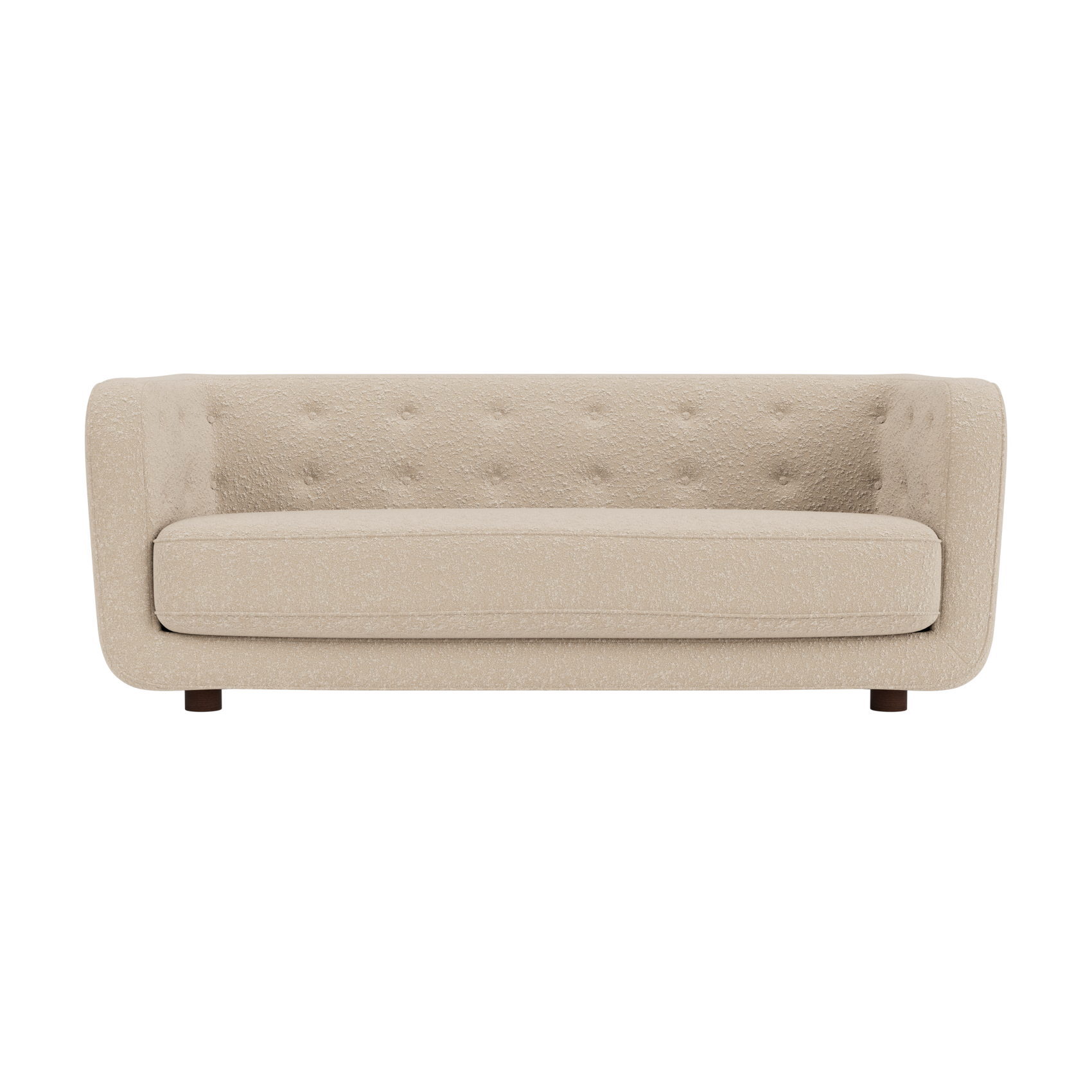 Vilhelm Sofa in cream Sahco Zero bouclé featuring a button-detailed back and rounded arms with dark-stained oak legs.