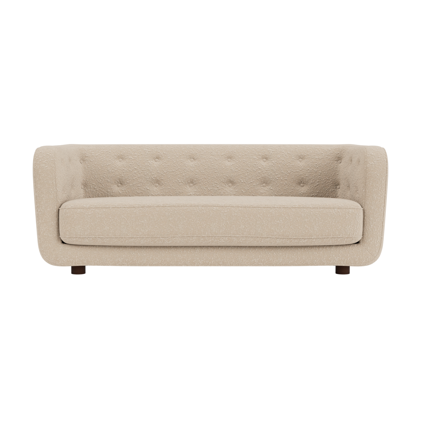 Vilhelm Sofa in cream Sahco Zero bouclé featuring a button-detailed back and rounded arms with dark-stained oak legs.