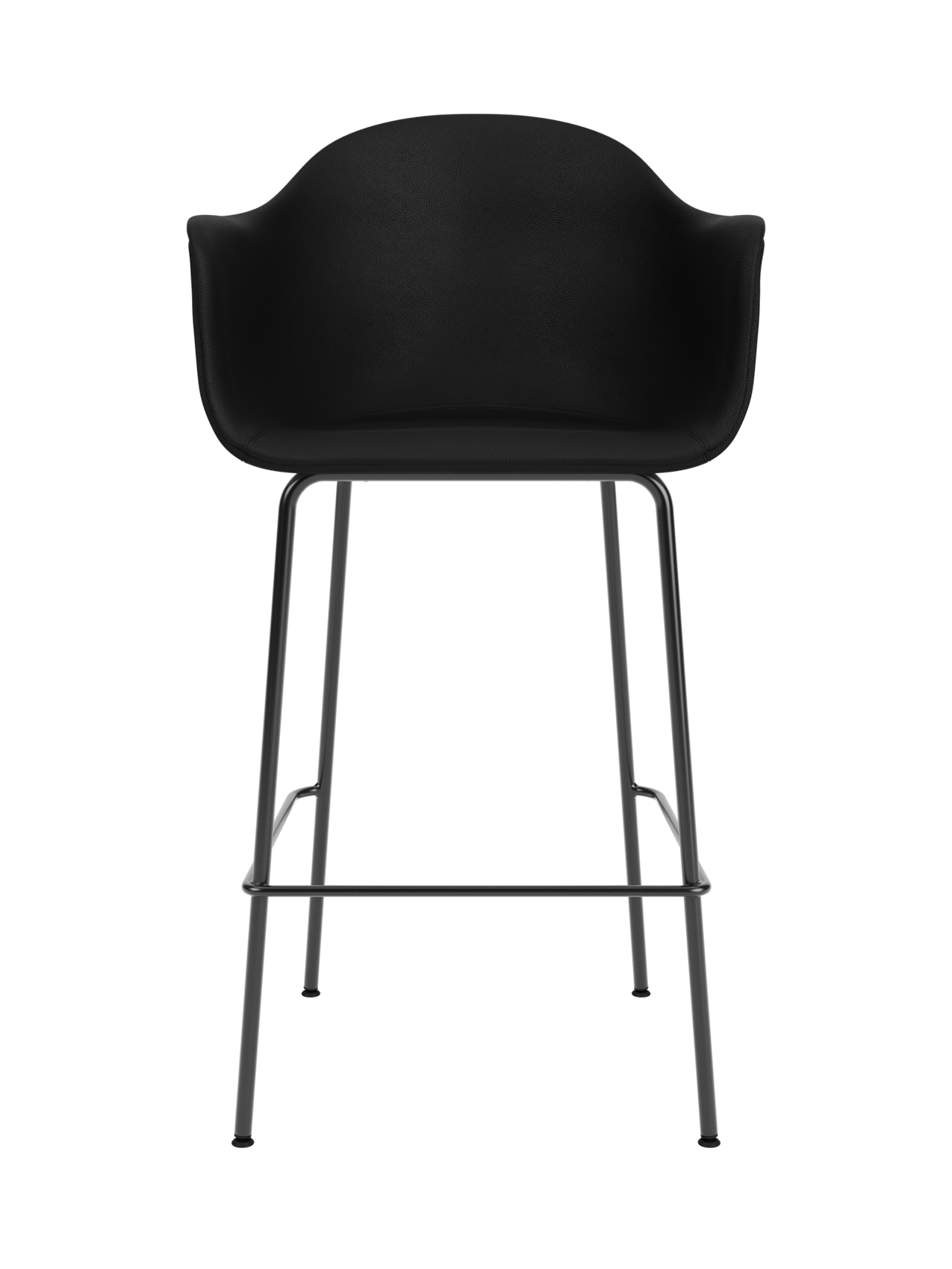 Black upholstered Harbour Bar Chair with a curved shell and slender black powder-coated steel legs and footrest.
