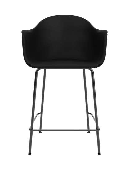 Harbour Counter Chair featuring black Sierra leather upholstery and a sleek black powder-coated steel base.
