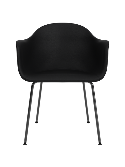 Harbour Dining Chair in black Sierra 1001 leather with a curved silhouette and slim black steel legs.