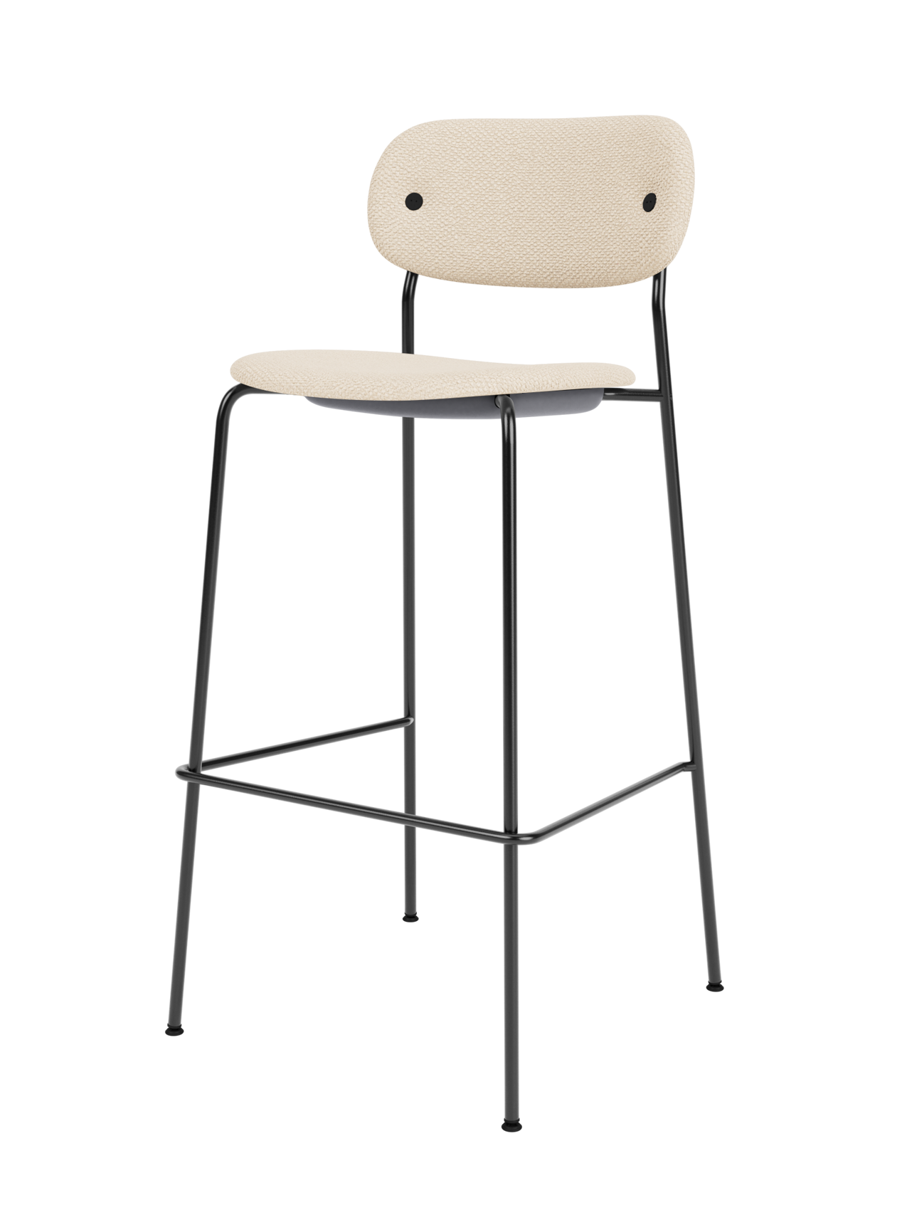 Fully upholstered Co Bar Chair in Logan Jasmine fabric with a minimalist black tubular steel frame and footrest.