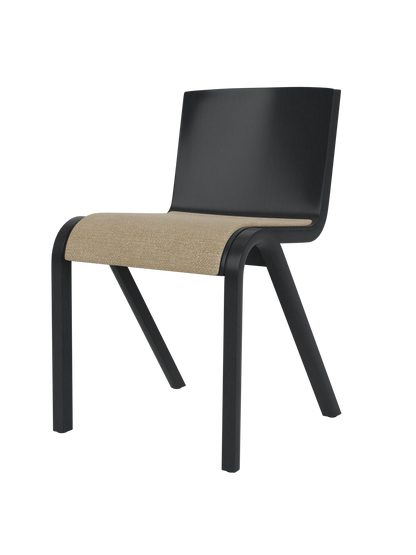 Black painted oak Ready Dining Chair with a beige Audo Bouclé 02 upholstered seat and a curved cantilevered wood frame.