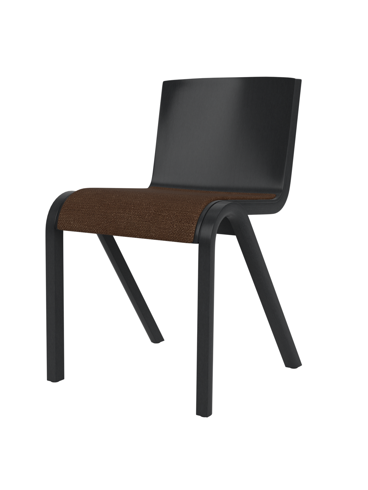 Ready Dining Chair in black painted oak with a brown bouclé upholstered seat and minimalist cantilevered silhouette.