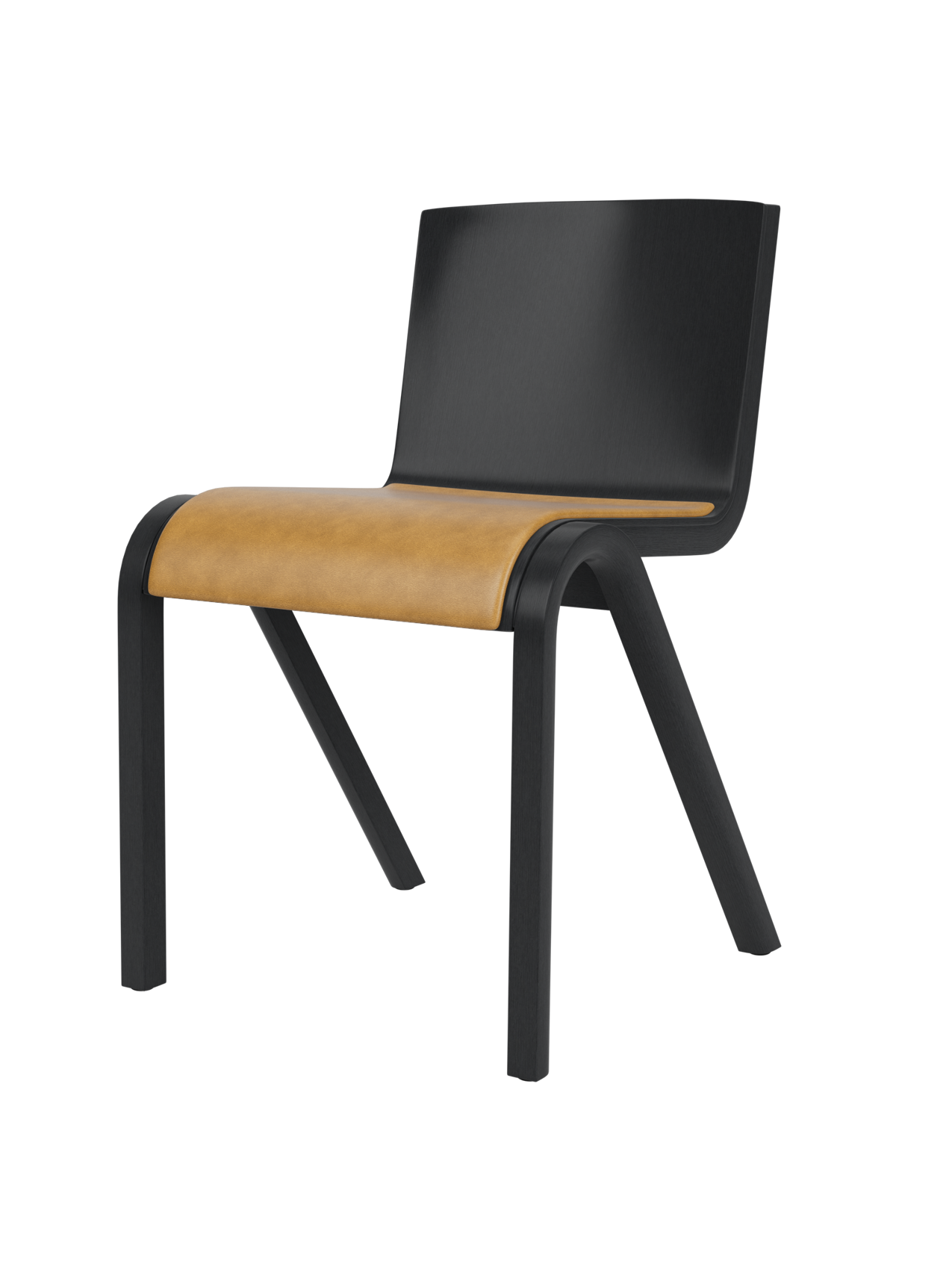 Black painted oak Ready Dining Chair with a tan leather upholstered seat and a sleek, minimalist cantilever frame.