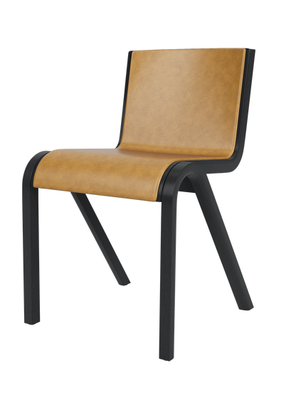 Ready Dining Chair in black painted oak with tan leather front upholstery and a cantilevered frame.