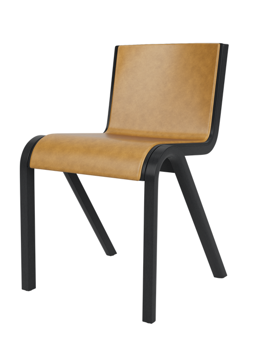 Ready Dining Chair in black painted oak with tan leather front upholstery and a cantilevered frame.