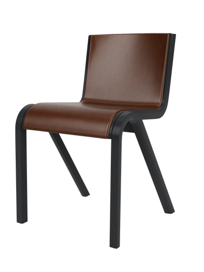 Ready Dining Chair, Front Upholstered, in black painted oak with brown upholstery and a cantilevered frame.