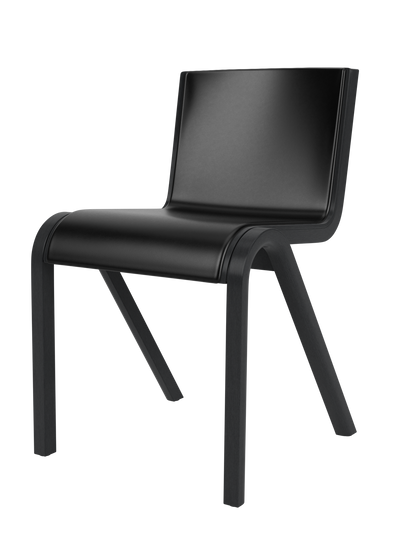 Ready Dining Chair, Front Upholstered, in black leather with a minimalist cantilevered black painted oak frame.
