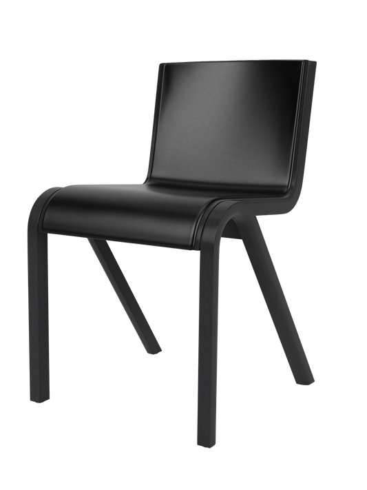 Ready Dining Chair, Front Upholstered, in black leather with a minimalist cantilevered black painted oak frame.
