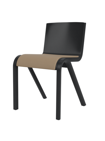 Black painted oak Ready Dining Chair with a tan Sierra leather upholstered seat and cantilevered frame.