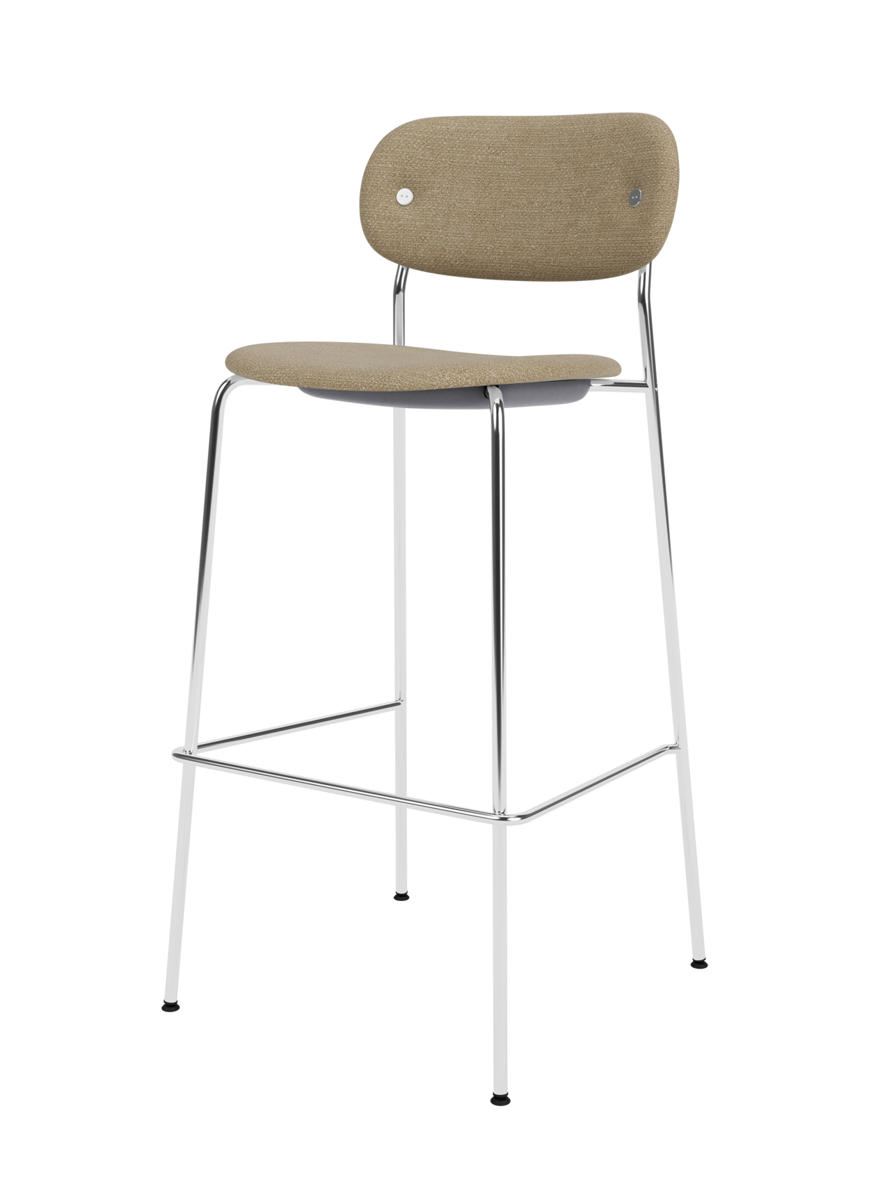 Co Bar Chair featuring beige bouclé upholstery and a slender chrome frame with an integrated footrest.