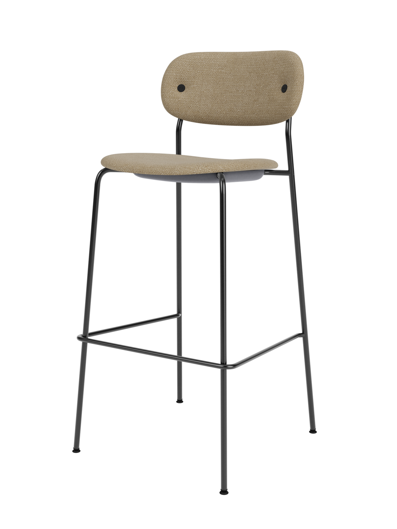 Fully upholstered Co Bar Chair featuring a slender black steel frame and textured beige bouclé fabric.