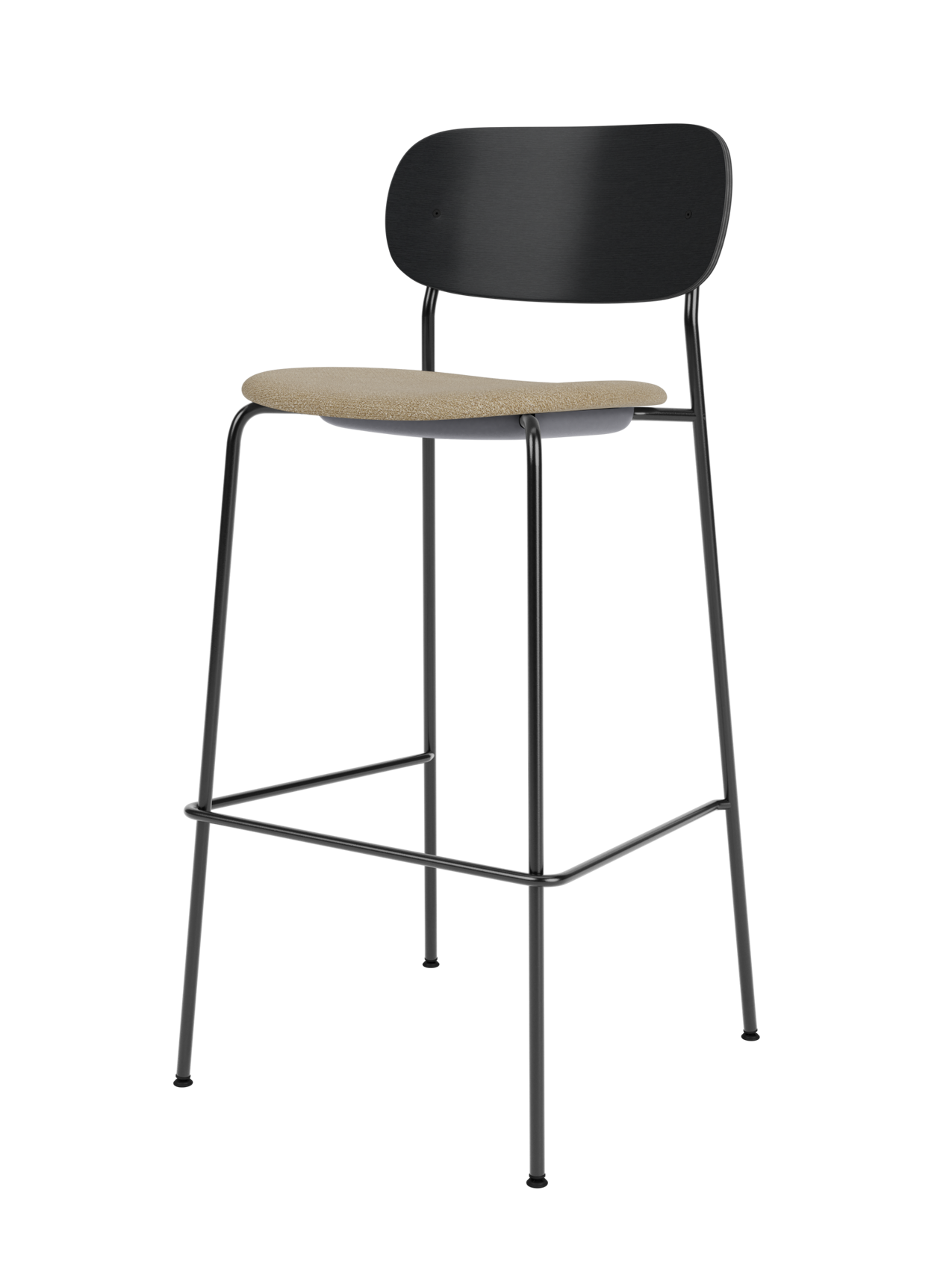Co Bar Chair with a beige Bouclé 02 upholstered seat and black painted oak backrest on a slender black steel frame.