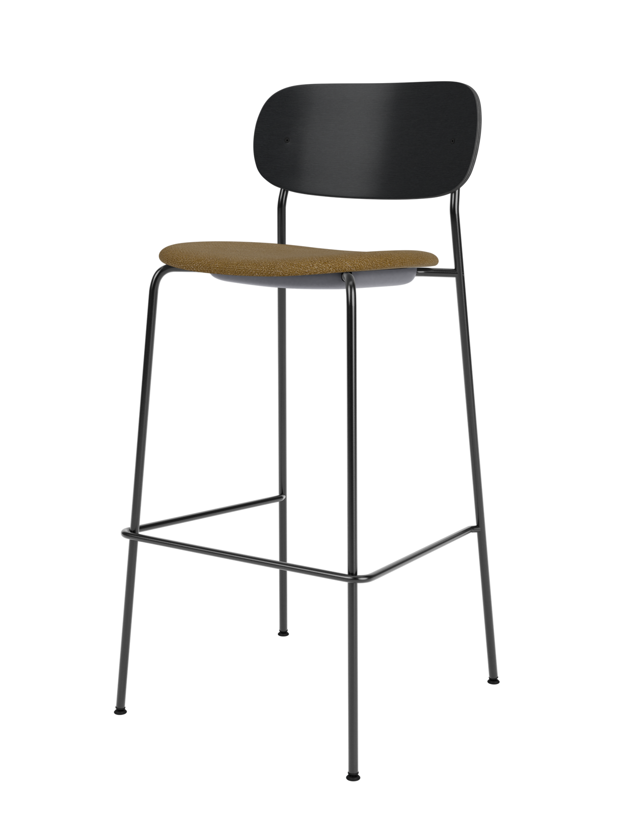 Co Bar Chair with black steel frame, black painted oak backrest and brown bouclé upholstered seat on white background.