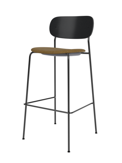Co Bar Chair with black steel frame, black painted oak backrest and brown bouclé upholstered seat on white background.