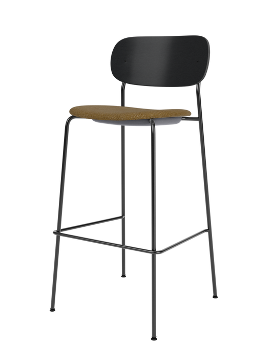 Co Bar Chair with black steel frame, black painted oak backrest and brown bouclé upholstered seat on white background.