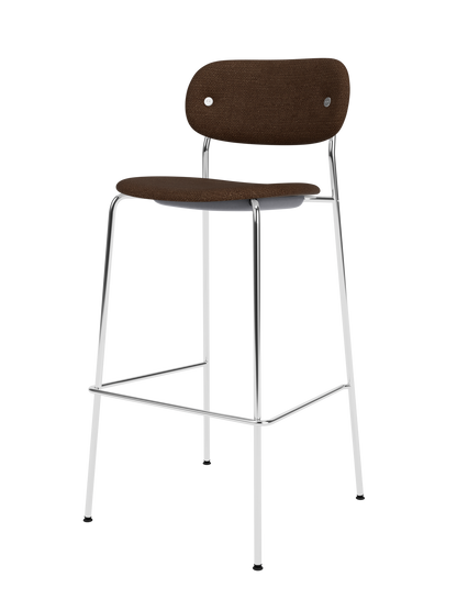 Co Bar Chair featuring brown bouclé upholstery and a slender chrome tubular steel frame with a built-in footrest.