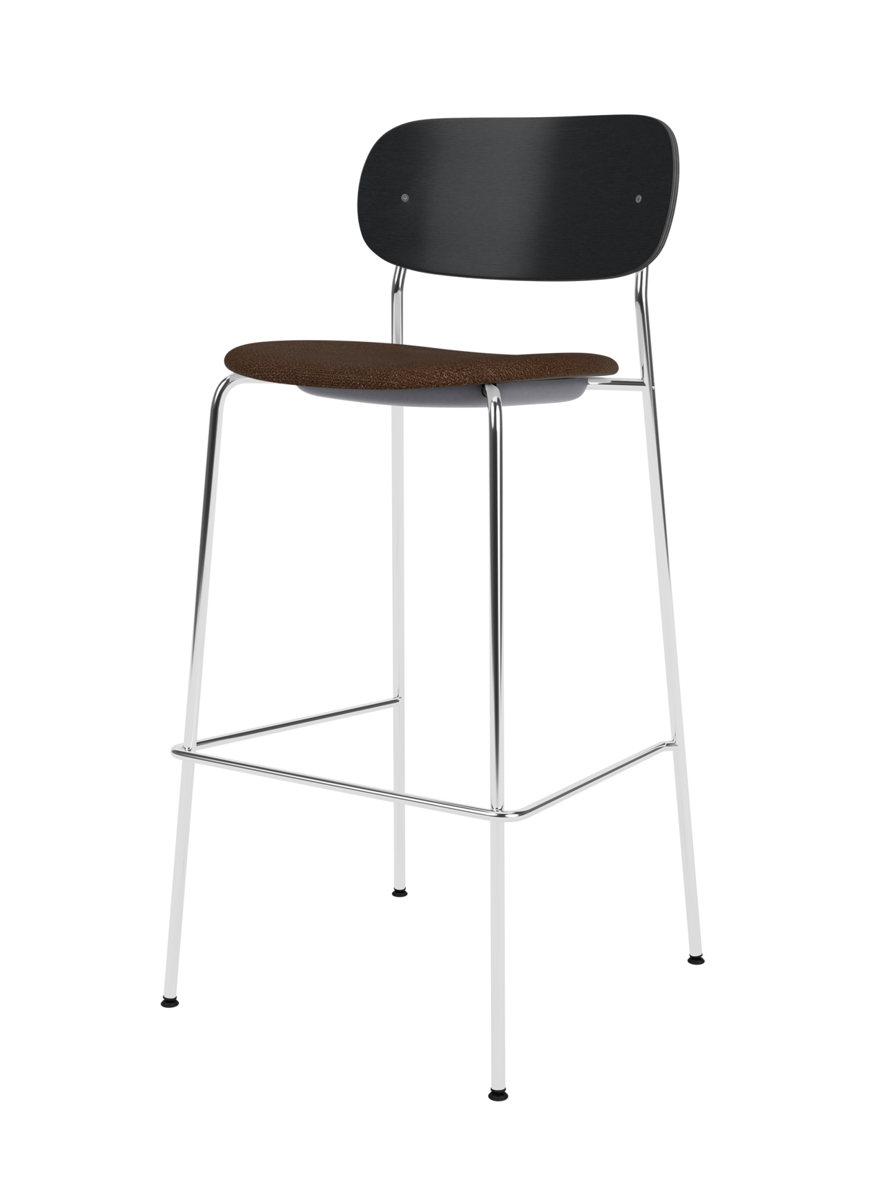 Co Bar Chair with chrome frame, black painted oak backrest and brown bouclé upholstered seat.