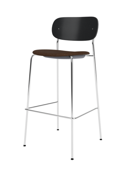 Co Bar Chair with chrome frame, black painted oak backrest and brown bouclé upholstered seat.
