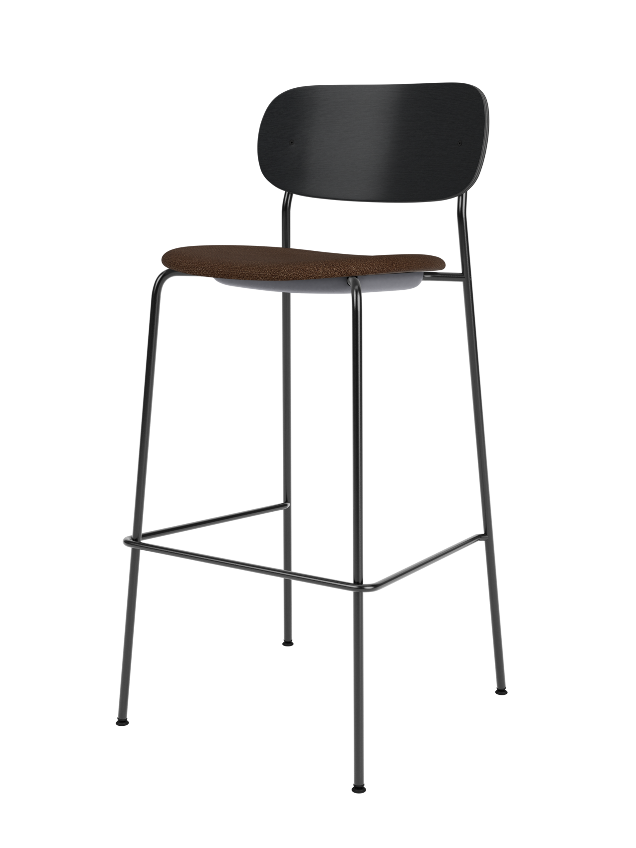 Co Bar Chair featuring a black painted oak back and brown bouclé upholstered seat on a slender black steel frame.