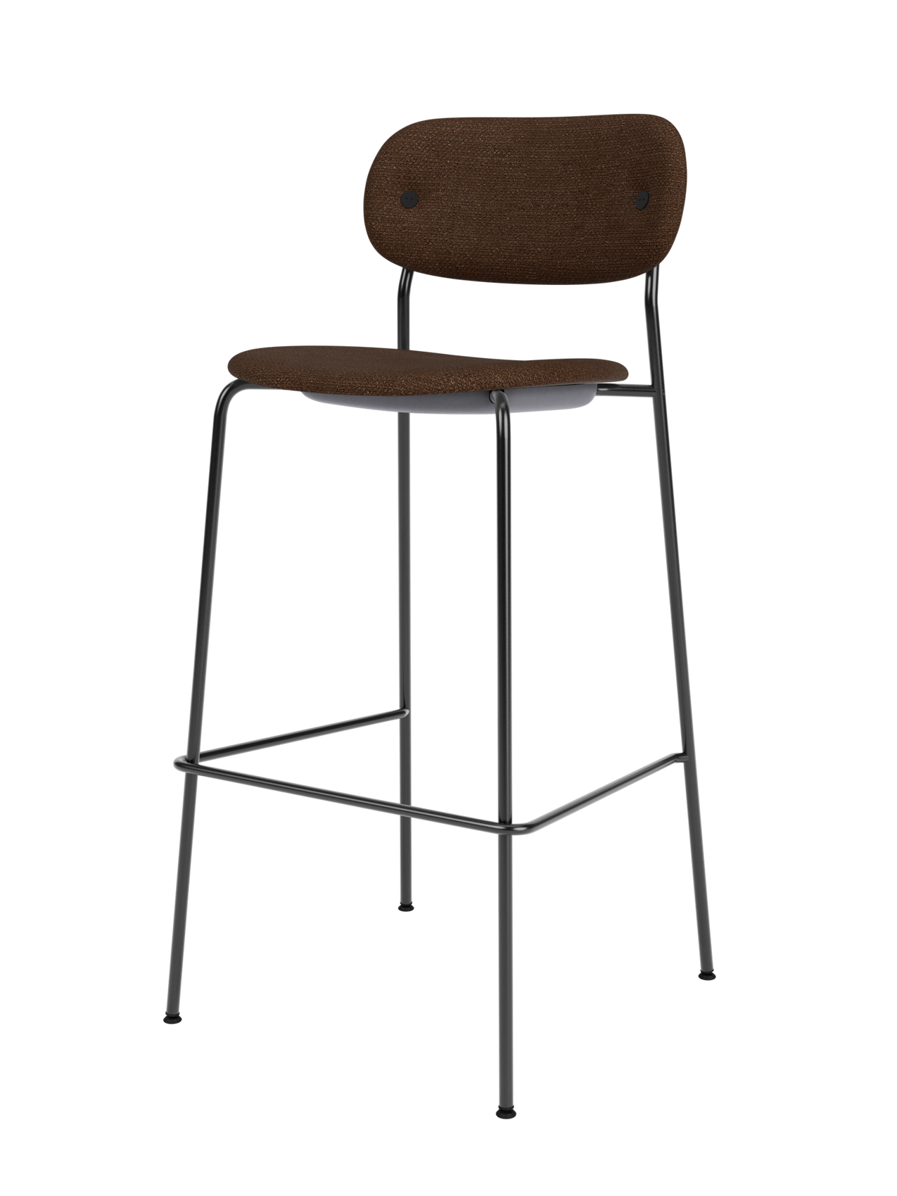 Co Bar Chair, Fully Upholstered in dark brown bouclé fabric with a slender black steel frame and footrest.