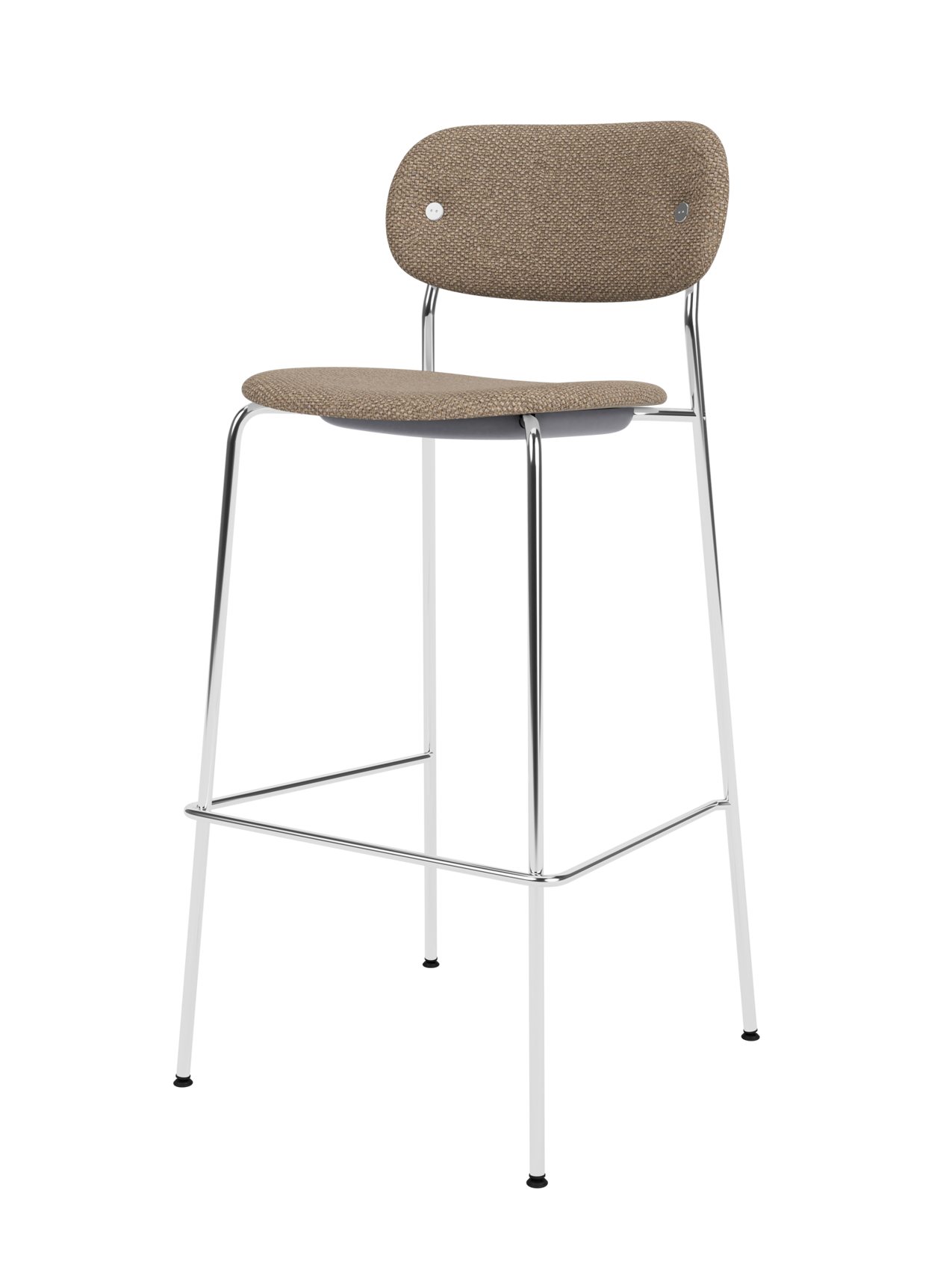 Fully upholstered Co Bar Chair in Logan Flint fabric featuring a slender chrome frame and footrest.