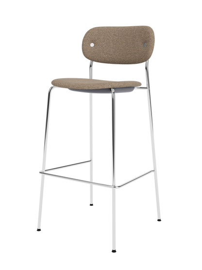 Fully upholstered Co Bar Chair in Logan Flint fabric featuring a slender chrome frame and footrest.