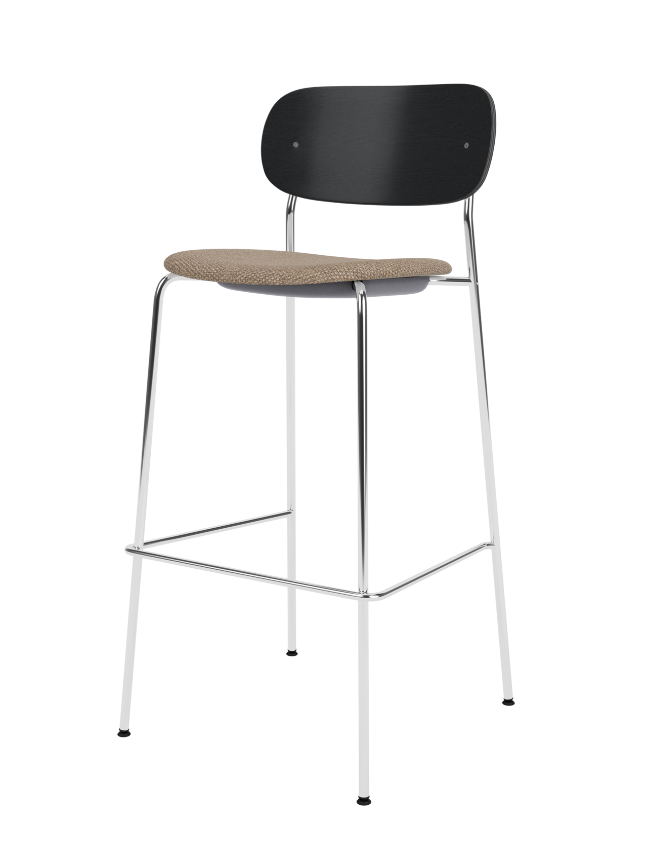 Co Bar Chair featuring a slender chrome frame, black painted oak back and textured Logan Flint upholstered seat.