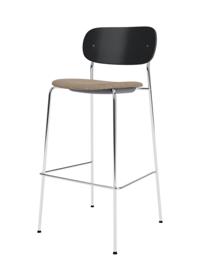 Co Bar Chair featuring a slender chrome frame, black painted oak back and textured Logan Flint upholstered seat.