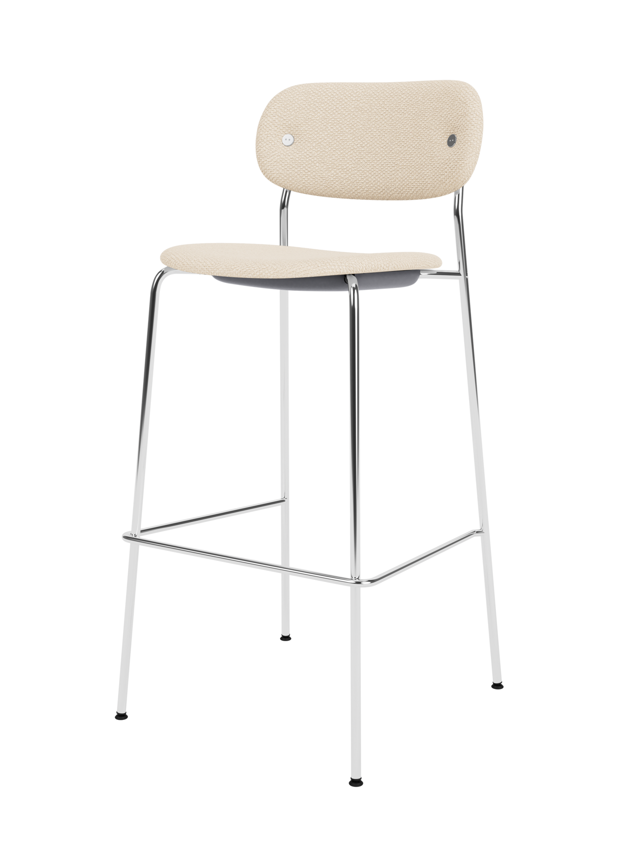Minimalist Co Bar Chair with light beige Logan Jasmine upholstery and a polished chrome tubular steel frame.