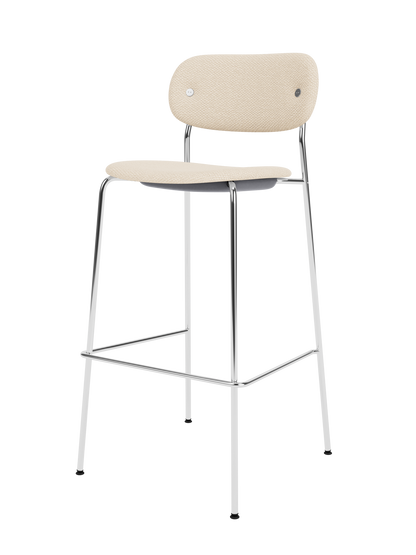 Minimalist Co Bar Chair with light beige Logan Jasmine upholstery and a polished chrome tubular steel frame.
