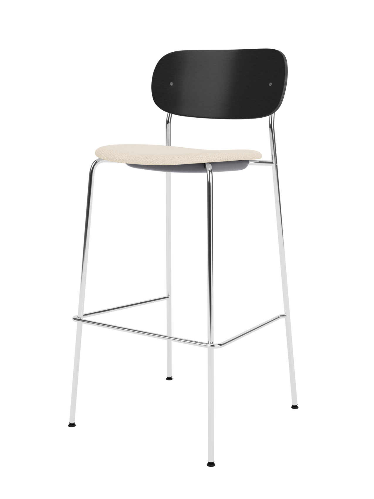 Co Bar Chair with chrome frame, black painted oak backrest and beige Logan Jasmine upholstered seat.