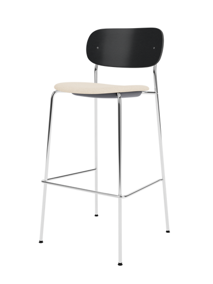 Co Bar Chair with chrome frame, black painted oak backrest and beige Logan Jasmine upholstered seat.