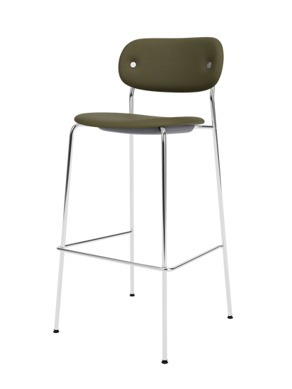 Fully upholstered Co Bar Chair in olive Sierra 0441 with a slender chrome steel frame and footrest.