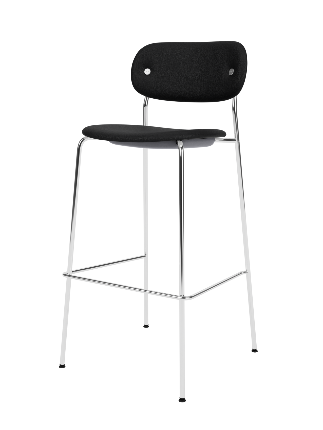 Co Bar Chair with black Sierra 1001 leather upholstery and a slender chrome frame, featuring a built-in footrest.