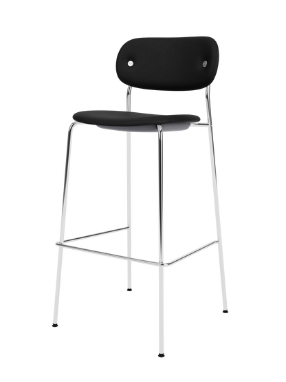 Co Bar Chair with black Sierra 1001 leather upholstery and a slender chrome frame, featuring a built-in footrest.