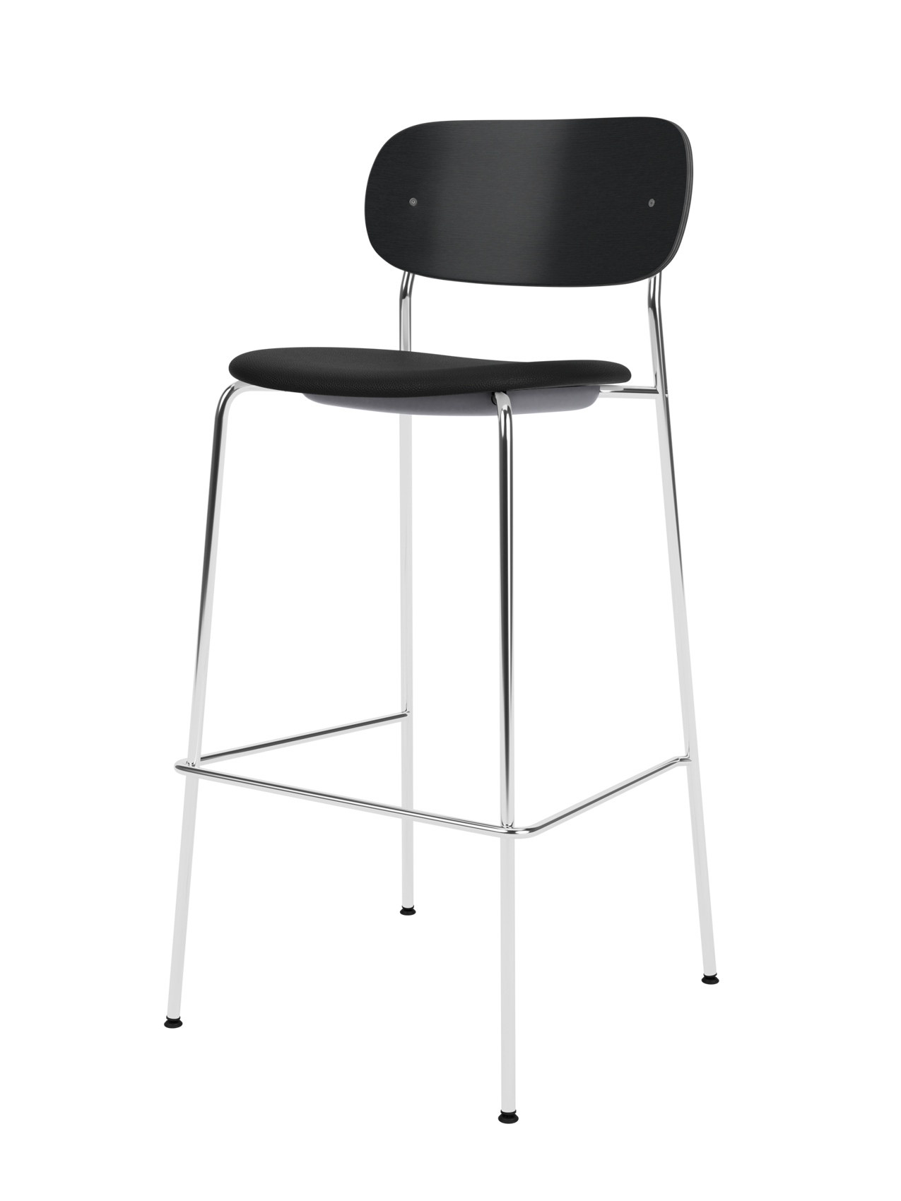 Co Bar Chair with a black upholstered seat, black painted oak backrest and slender chrome frame.