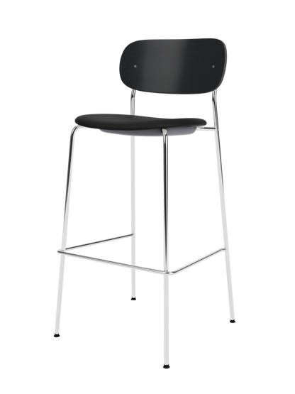 Co Bar Chair with a black upholstered seat, black painted oak backrest and slender chrome frame.