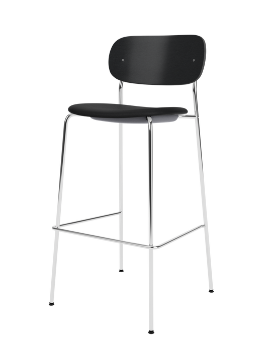 Co Bar Chair with a black upholstered seat, black painted oak backrest and slender chrome frame.