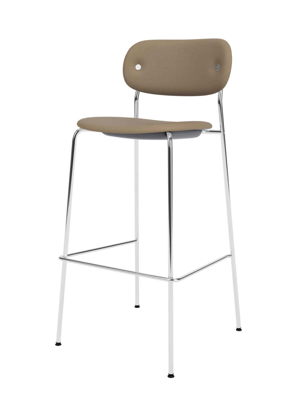 Fully upholstered Co Bar Chair in tan Sierra leather featuring a slender chrome tubular steel frame and footrest.