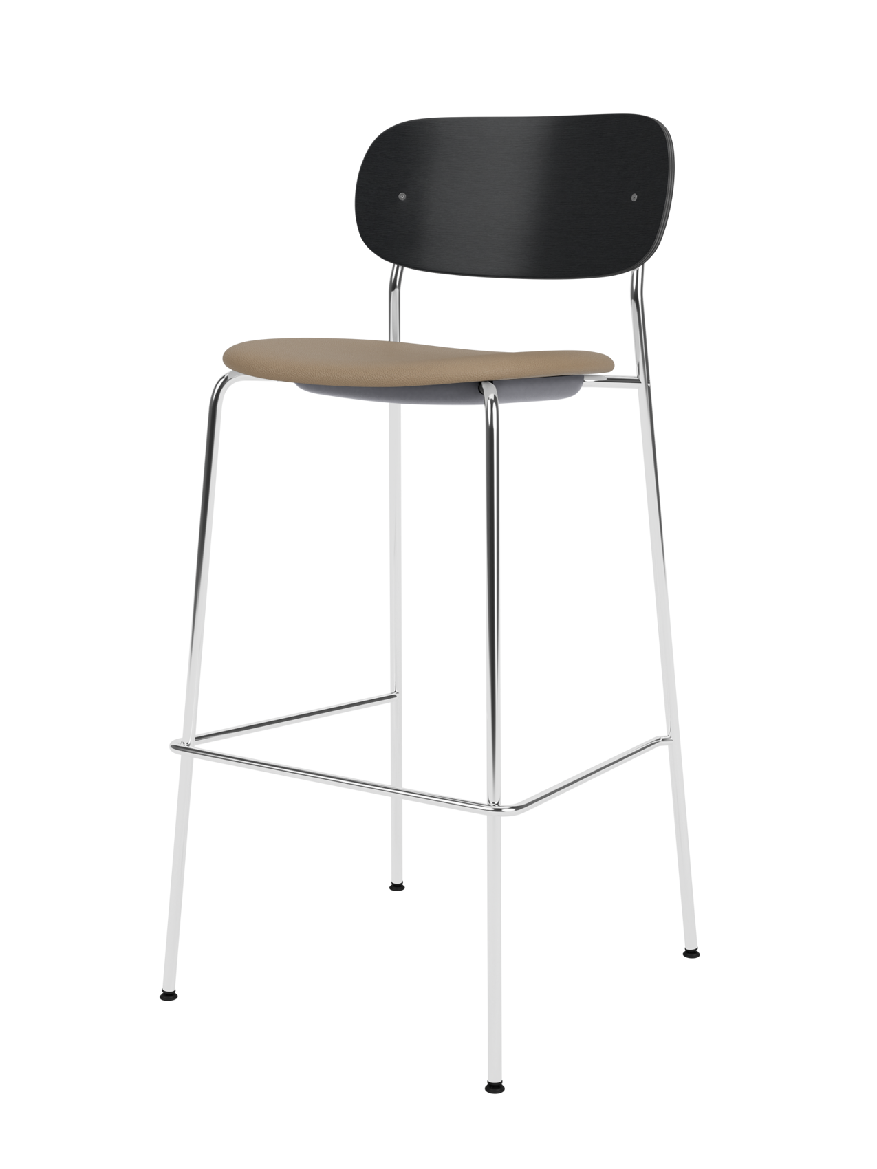 Co Bar Chair with tan Sierra 1611 upholstered seat, black painted oak back and a slender chrome frame.
