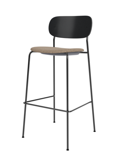 Co Bar Chair with black painted oak backrest, Logan Flint upholstered seat, and a slender black steel frame.
