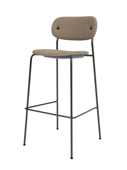 Co Bar Chair, Fully Upholstered in Logan Flint fabric with a slender black powder-coated steel frame.