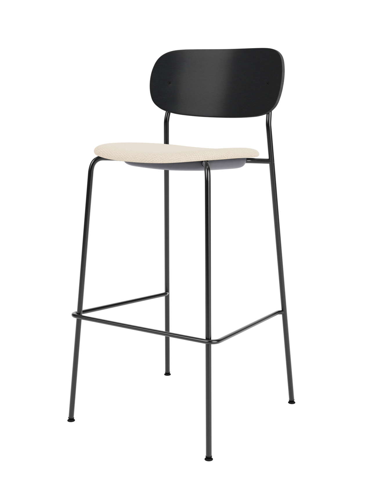Black painted oak Co Bar Chair with a light cream Logan Jasmine upholstered seat and slender black steel frame.