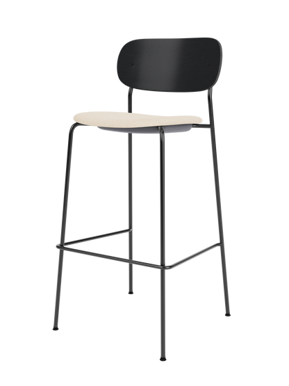 Black painted oak Co Bar Chair with a light cream Logan Jasmine upholstered seat and slender black steel frame.